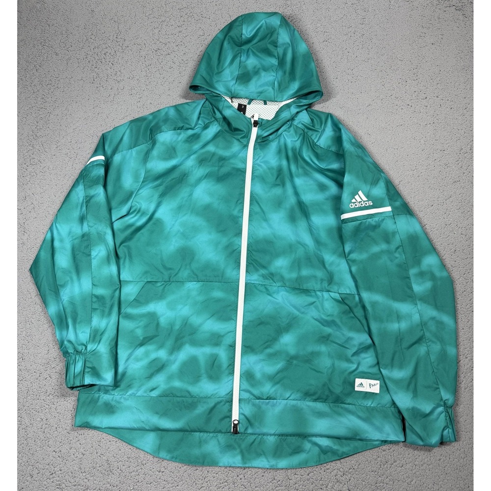 Adidas Parley Jacket Mens XL Green Hooded Full Zip‎ Tie Dye Running Windbreaker